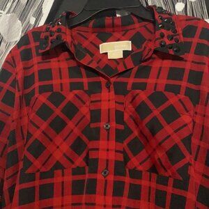 Michael Kors stud-color plaid button down blouse